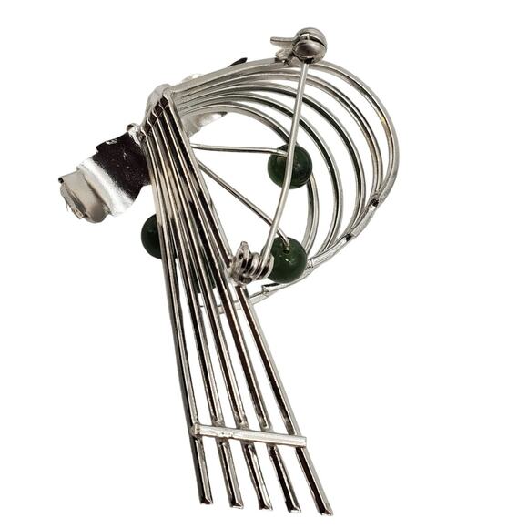 Jade Abstract Brooch Silver Tone Leaf Pin Green Stone Vintage 1960s Modernist - Picture 6 of 9